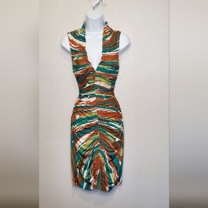 Kenneth Cole Green Print  Ruched Bodycon Sleeveless Cocktail Midi Dress Medium